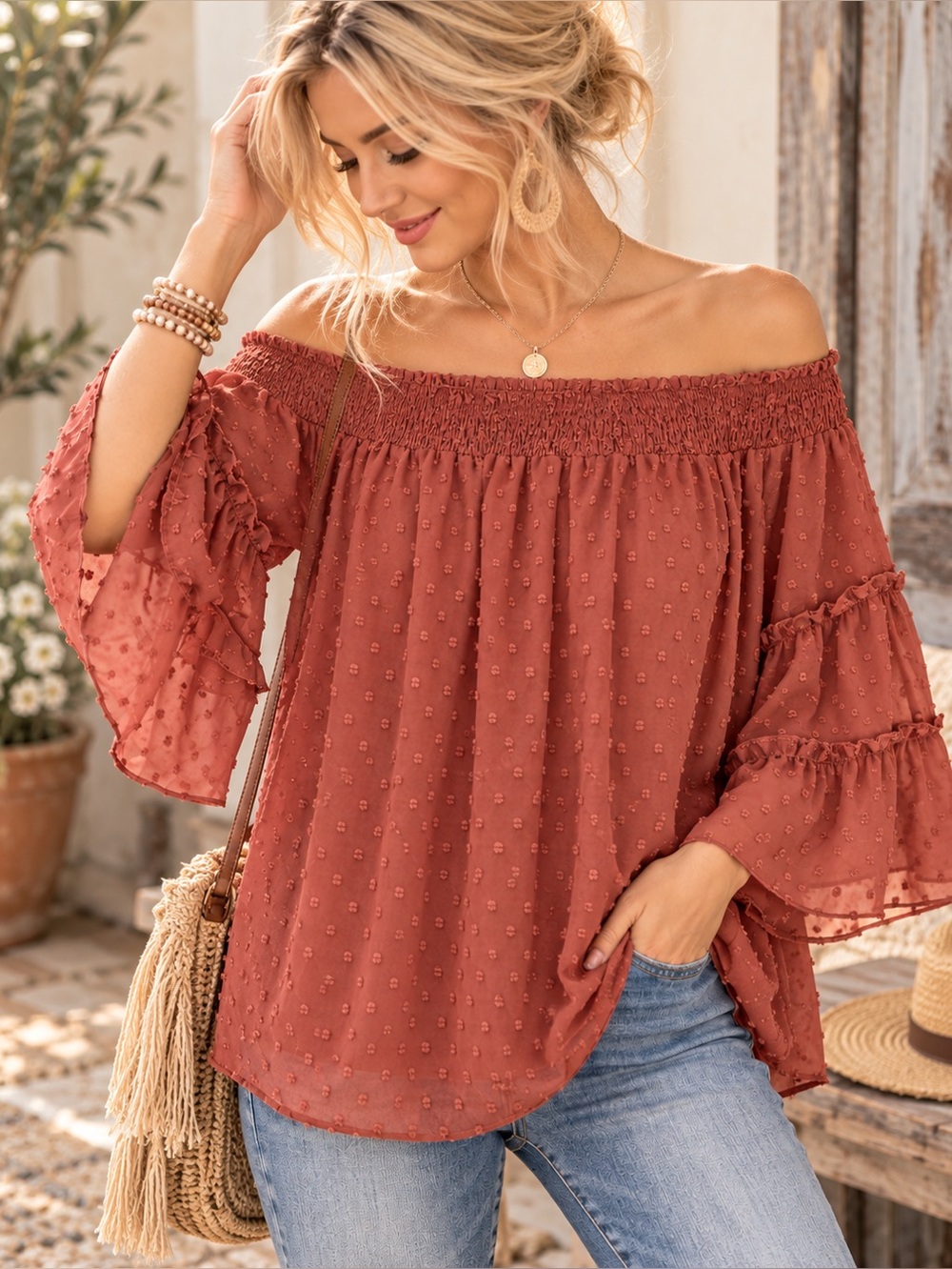 La Miel Women's Size L Dusty Rose Swiss Dot Off Shoulder Boho Bell Sleeve Blouse